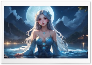 Princess, Fantasy, Full Moon, Water, Artwork 4K UHD Wallpaper for Widescreen and UltraWide Desktop, UltraHD TV, Smartphone, Tablet