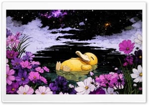 Psyduck Floating on Water, Cozy Pokemon Lofi Aesthetic 4K UHD Wallpaper for Widescreen and UltraWide Desktop, UltraHD TV, Smartphone, Tablet