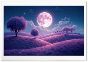 Purple Hills, Full Moon, Night, Landscape 4K UHD Wallpaper for Widescreen and UltraWide Desktop, UltraHD TV, Smartphone, Tablet