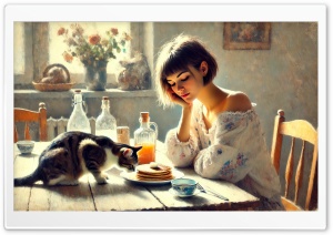 Purrfect Mornings, A Girl, Her Cat, and Breakfast Ultra HD Wallpaper for 4K UHD Widescreen Desktop, Lockscreen, Screensaver, TV, Tablet, Smartphone