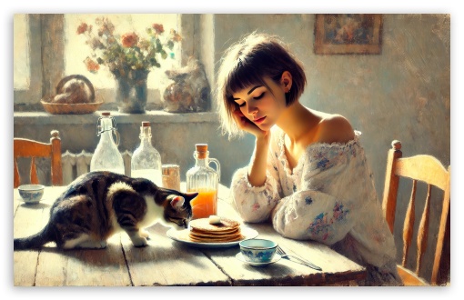 Purrfect Mornings, A Girl, Her Cat, and Breakfast UltraHD Wallpaper for UHD 16:9 ; HD 16:9 ; UltraWide 21:9 24:10 ; Widescreen 16:10 5:3 ; Fullscreen 4:3 5:4 3:2 ; Tablet 1:1 ; Mobile 9:16 9:19.5 9:20 9:21 10:16 2:3 3:5 3:4 ;