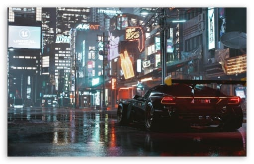 Rainy Cyberpunk City Street UltraHD Wallpaper for UHD 16:9 ; HD 16:9 ; UltraWide 21:9 24:10 32:9 32:10 ; Widescreen 16:10 ; Tablet 1:1 ; Dual 16:10 16:9 ;