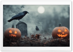 Raven in a Graveyard, Jack o lanterns, Halloween Ultra HD Wallpaper for 4K UHD Widescreen Desktop, Lockscreen, Screensaver, TV, Tablet, Smartphone