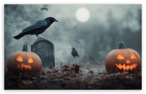 Raven in a Graveyard, Jack o lanterns, Halloween UltraHD Wallpaper for UHD 16:9 ; HD 16:9 ; UltraWide 21:9 24:10 ; Widescreen 16:10 5:3 ; Fullscreen 4:3 5:4 3:2 ; Tablet 1:1 ; Mobile 9:16 10:16 2:3 3:5 3:4 ; Dual 4:3 5:4 3:2 ;