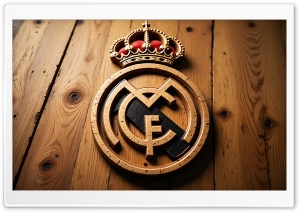 Real Madrid 3D Wooden Logo 4K UHD Wallpaper for Widescreen and UltraWide Desktop, UltraHD TV, Smartphone, Tablet