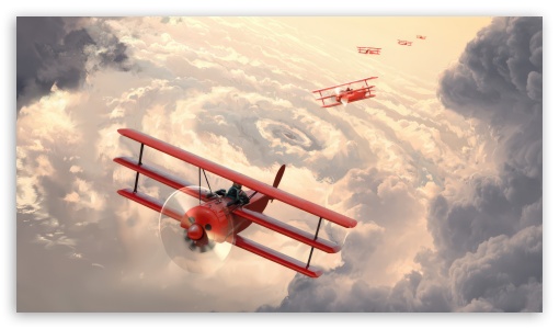 Red Baron Biplanes Flying Through Clouds UltraHD Wallpaper for UHD 16:9 ; HD 16:9 ;