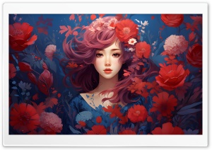 Red Flower, Girl Portrait Digital Painting Ultra HD Wallpaper for 4K UHD Widescreen desktop, tablet & smartphone