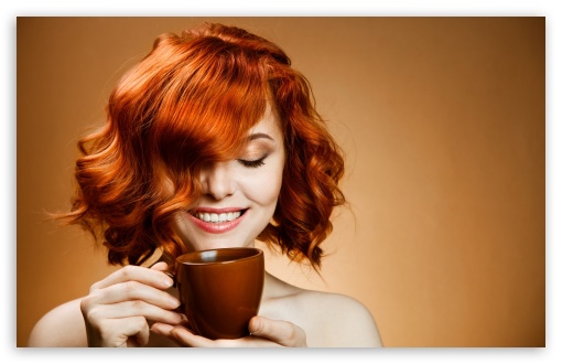 Red Haired Woman Drinking Coffee UltraHD Wallpaper for HD 16:9 ; Widescreen 16:10 5:3 ; Fullscreen 4:3 5:4 3:2 ; Tablet 1:1 ; Mobile 3:4 ;