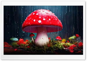 Red Mushroom in the Rain Art 4K UHD Wallpaper for Widescreen and UltraWide Desktop, UltraHD TV, Smartphone, Tablet