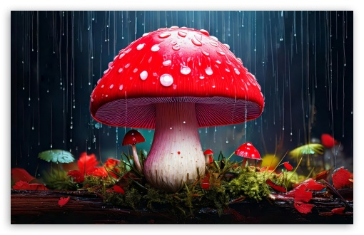 Red Mushroom in the Rain Art UltraHD Wallpaper for UHD 16:9 ; HD 16:9 ; UltraWide 21:9 24:10 ; Widescreen 16:10 5:3 ; Fullscreen 4:3 5:4 3:2 ; Tablet 1:1 ;