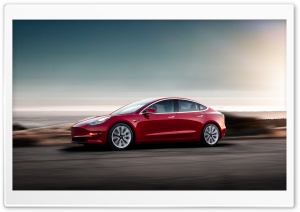 Red Tesla Model 3 Electric Car, Driving, Sunset Ultra HD Wallpaper for 4K UHD Widescreen desktop, tablet & smartphone