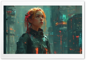 Redhead Girl, City Skyscrapers, Digital Sci fi Painting 4K UHD Wallpaper for Widescreen and UltraWide Desktop, UltraHD TV, Smartphone, Tablet