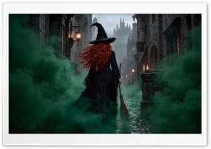 Redhead Witch with Broomstick in Green Smoke 4K UHD Wallpaper for Widescreen and UltraWide Desktop, UltraHD TV, Smartphone, Tablet
