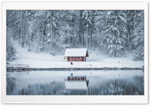 Reflection Of Snowy Forest Cabin 4K UHD Wallpaper for Widescreen and UltraWide Desktop, UltraHD TV, Smartphone, Tablet