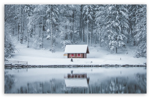 Reflection Of Snowy Forest Cabin UltraHD Wallpaper for UHD 16:9 ; HD 16:9 ; UltraWide 21:9 24:10 ; Widescreen 16:10 5:3 ; Fullscreen 4:3 5:4 3:2 ; Tablet 1:1 ; Mobile 9:16 9:19.5 9:20 10:16 2:3 3:5 3:4 ;