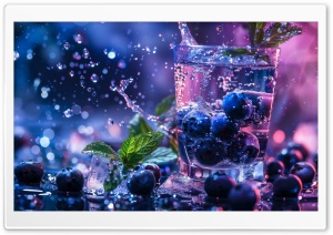 Refreshment, Blueberries, Ice, Glass, Splash, Mint 4K UHD Wallpaper for Widescreen and UltraWide Desktop, UltraHD TV, Smartphone, Tablet