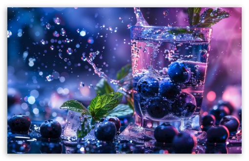 Refreshment, Blueberries, Ice, Glass, Splash, Mint UltraHD Wallpaper for UHD 16:9 ; HD 16:9 ; UltraWide 21:9 24:10 ; Widescreen 16:10 5:3 ; Fullscreen 4:3 5:4 3:2 ; Tablet 1:1 ;