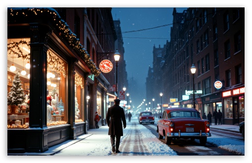 Retro Charm Snowy Streets and Shops on a Winter Evening UltraHD Wallpaper for UHD 16:9 ; HD 16:9 ; UltraWide 21:9 24:10 ; Widescreen 16:10 5:3 ; Fullscreen 4:3 5:4 3:2 ; Tablet 1:1 ; Mobile 9:16 9:19.5 9:20 9:21 9:22 10:16 2:3 3:5 3:4 ;