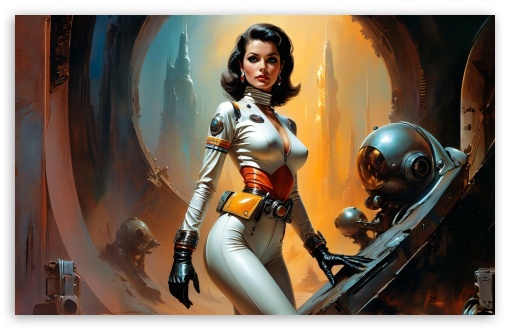 Retro Futurism Space Woman UltraHD Wallpaper for HD 16:9 ; UltraWide 21:9 24:10 ; Widescreen 16:10 5:3 ; Fullscreen 4:3 5:4 3:2 ; Tablet 1:1 ; Mobile 9:16 9:19.5 9:20 10:16 2:3 3:5 3:4 ;