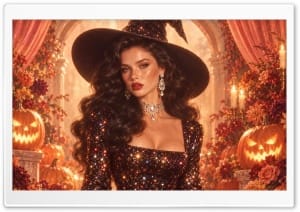Retro Glam Halloween Witch Portrait 4K UHD Wallpaper for Widescreen and UltraWide Desktop, UltraHD TV, Smartphone, Tablet