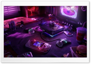 Retro Neon Gaming Setup with Futuristic Console 4K UHD Wallpaper for Widescreen and UltraWide Desktop, UltraHD TV, Smartphone, Tablet