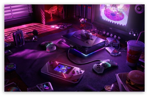 Retro Neon Gaming Setup with Futuristic Console UltraHD Wallpaper for UHD 16:9 ; HD 16:9 ; UltraWide 21:9 24:10 ; Widescreen 16:10 ; Tablet 1:1 ;
