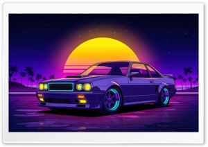 Retro Synthwave Car against Sunset 4K UHD Wallpaper for Widescreen and UltraWide Desktop, UltraHD TV, Smartphone, Tablet