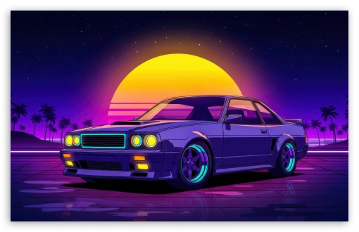 Retro Synthwave Car against Sunset UltraHD Wallpaper for UHD 16:9 ; HD 16:9 ; UltraWide 21:9 24:10 ; Widescreen 16:10 5:3 ; Fullscreen 4:3 5:4 3:2 ;
