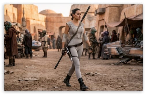 Rey walking in Mos Eisley UltraHD Wallpaper for UHD 16:9 ; HD 16:9 ; UltraWide 21:9 24:10 32:9 32:10 ; Widescreen 16:10 ; Tablet 1:1 ; Mobile 9:16 9:19.5 9:20 ; Dual 16:10 16:9 ;