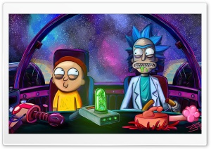 Rick and Morty in their Spaceship Cruising through Outer Space 4K UHD Wallpaper for Widescreen and UltraWide Desktop, UltraHD TV, Smartphone, Tablet
