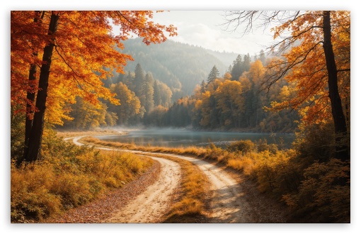 Road along a River Bank, Autumn UltraHD Wallpaper for UHD 16:9 ; HD 16:9 ; UltraWide 21:9 24:10 32:9 32:10 ; Widescreen 16:10 5:3 ; Fullscreen 4:3 5:4 3:2 ; Tablet 1:1 ; Dual 16:10 5:3 16:9 4:3 5:4 3:2 ;