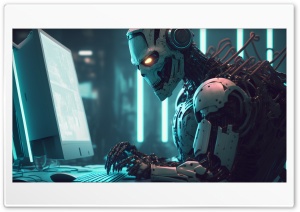 Robot typing on computer Ultra HD Wallpaper for 4K UHD Widescreen Desktop, Lockscreen, Screensaver, TV, Tablet, Smartphone