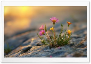 Rock, Flowers, Close-up, Wildflowers, Resilient Flowers 4K UHD Wallpaper for Widescreen and UltraWide Desktop, UltraHD TV, Smartphone, Tablet