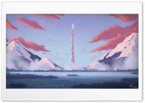 Rocket Launching Between Snowy Mountains at Sunset 4K UHD Wallpaper for Widescreen and UltraWide Desktop, UltraHD TV, Smartphone, Tablet