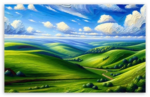 Rolling Green Hills Digital Painting UltraHD Wallpaper for UHD 16:9 ; HD 16:9 ; UltraWide 21:9 24:10 32:9 32:10 ; Widescreen 16:10 ; Tablet 1:1 ; Mobile 9:16 9:19.5 9:20 ; Dual 16:10 16:9 ;