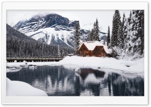 Rustic Cottage, Lake, Mountain, Winter, Snow Ultra HD Wallpaper for 4K UHD Widescreen desktop, tablet & smartphone