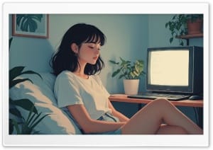 Sad Girl Resting Beside a Retro Monitor with House Plants 4K UHD Wallpaper for Widescreen and UltraWide Desktop, UltraHD TV, Smartphone, Tablet