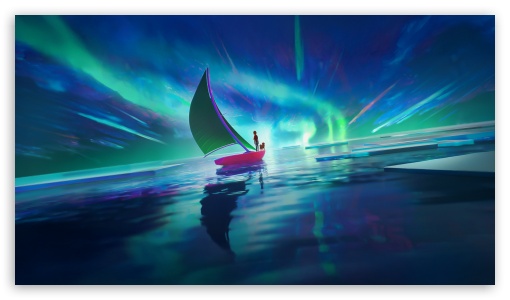 Sailboat Sailing Through The Northern Lights UltraHD Wallpaper for UHD 16:9 ; HD 16:9 ;