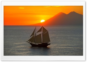Sailing Ship at Sunset Over Calm Waters 4K UHD Wallpaper for Widescreen and UltraWide Desktop, UltraHD TV, Smartphone, Tablet