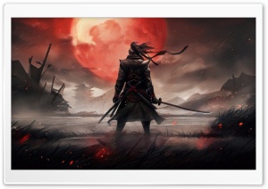 Samurai, Red Full Moon, Artwork Ultra HD Wallpaper for 4K UHD Widescreen Desktop, Lockscreen, Screensaver, TV, Tablet, Smartphone