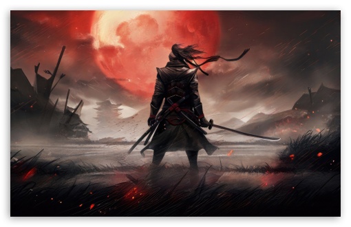 Samurai, Red Full Moon, Artwork UltraHD Wallpaper for UHD 16:9 ; HD 16:9 ; UltraWide 21:9 24:10 32:9 32:10 ; Widescreen 16:10 5:3 ; Fullscreen 4:3 5:4 3:2 ; Tablet 1:1 ; Mobile 9:16 9:19.5 9:20 10:16 2:3 3:5 3:4 ; Dual 16:10 5:3 16:9 4:3 5:4 3:2 ;