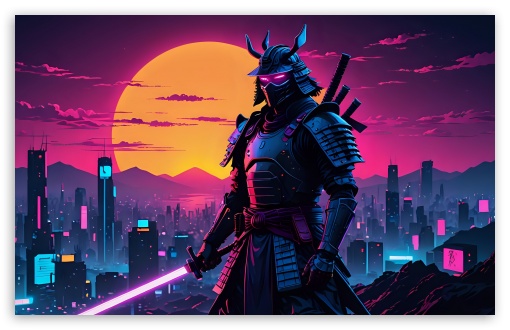 Samurai Retrowave Art UltraHD Wallpaper for UHD 16:9 ; HD 16:9 ; UltraWide 21:9 24:10 ; Widescreen 16:10 5:3 ; Fullscreen 4:3 5:4 3:2 ; Tablet 1:1 ; Mobile 9:16 2:3 3:5 3:4 ;