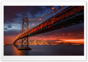 San Francisco Bay Bridge Illuminated at Sunset 4K UHD Wallpaper for Widescreen and UltraWide Desktop, UltraHD TV, Smartphone, Tablet