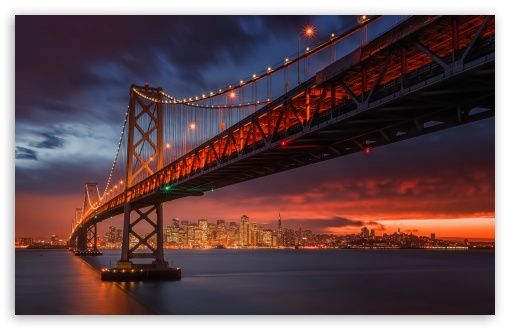 San Francisco Bay Bridge Illuminated at Sunset UltraHD Wallpaper for UHD 16:9 ; HD 16:9 ; UltraWide 21:9 24:10 ; Widescreen 16:10 ; Tablet 1:1 ; Mobile 9:16 9:19.5 9:20 ;