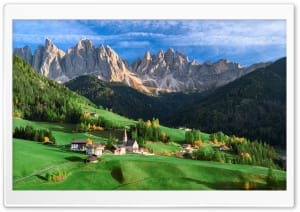 Santa Maddalena Italy in Autumn Dolomites Village Landscape 4K UHD Wallpaper for Widescreen and UltraWide Desktop, UltraHD TV, Smartphone, Tablet