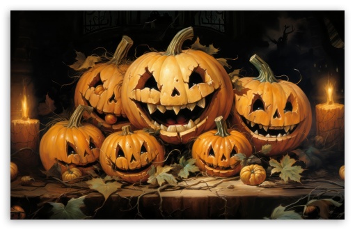 Scary Halloween Carved Pumpkins Art UltraHD Wallpaper for UHD 16:9 ; HD 16:9 ; UltraWide 21:9 24:10 ; Widescreen 16:10 5:3 ; Fullscreen 4:3 5:4 3:2 ; Tablet 1:1 ; Dual 4:3 5:4 ;