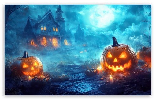 Scary Haunted Mansion, Jack o lanterns, Halloween UltraHD Wallpaper for UHD 16:9 ; HD 16:9 ; UltraWide 21:9 24:10 ; Widescreen 16:10 5:3 ; Fullscreen 3:2 ; Tablet 1:1 ; Mobile 9:16 9:19.5 9:20 9:21 9:22 10:16 2:3 3:5 3:4 ;