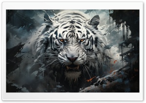 Scary White Tiger Portrait Art Ultra HD Wallpaper for 4K UHD Widescreen Desktop, Lockscreen, Screensaver, TV, Tablet, Smartphone