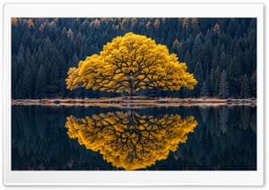Scenic Alpine Lake with Lone Golden Tree 4K UHD Wallpaper for Widescreen and UltraWide Desktop, UltraHD TV, Smartphone, Tablet
