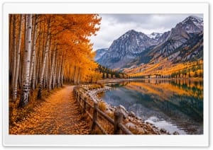 Scenic Autumn Lake Beneath Rugged Mountains 4K UHD Wallpaper for Widescreen and UltraWide Desktop, UltraHD TV, Smartphone, Tablet